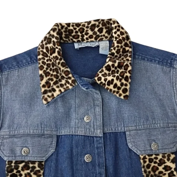 Marisol Y2K Two-Tone Demin Leopard Animal Print Jean Vest Small Boho Urban Chic - Picture 4 of 11